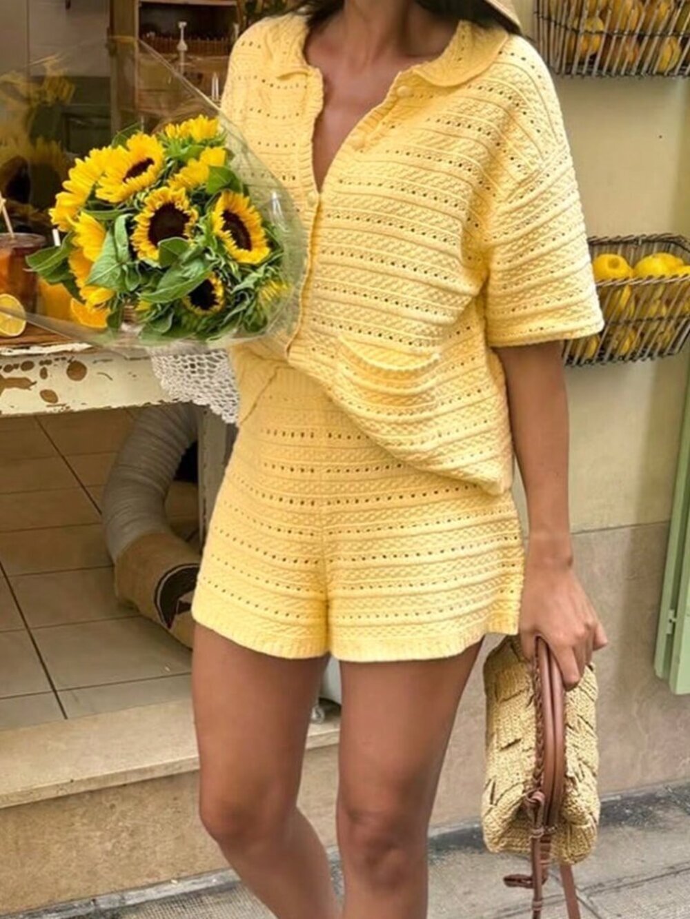 Yellow Casual Women's Knit Textured Cardigan and Shorts set